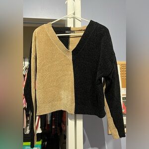 Nikka K Half Black Half Light Brown or Khaki Cropped Knitted Sweater